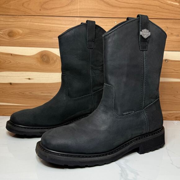 Harley Davidson Men's Altman D93563 Black Leather Waterproof Biker Boots Sz 8.5M - Picture 2 of 15